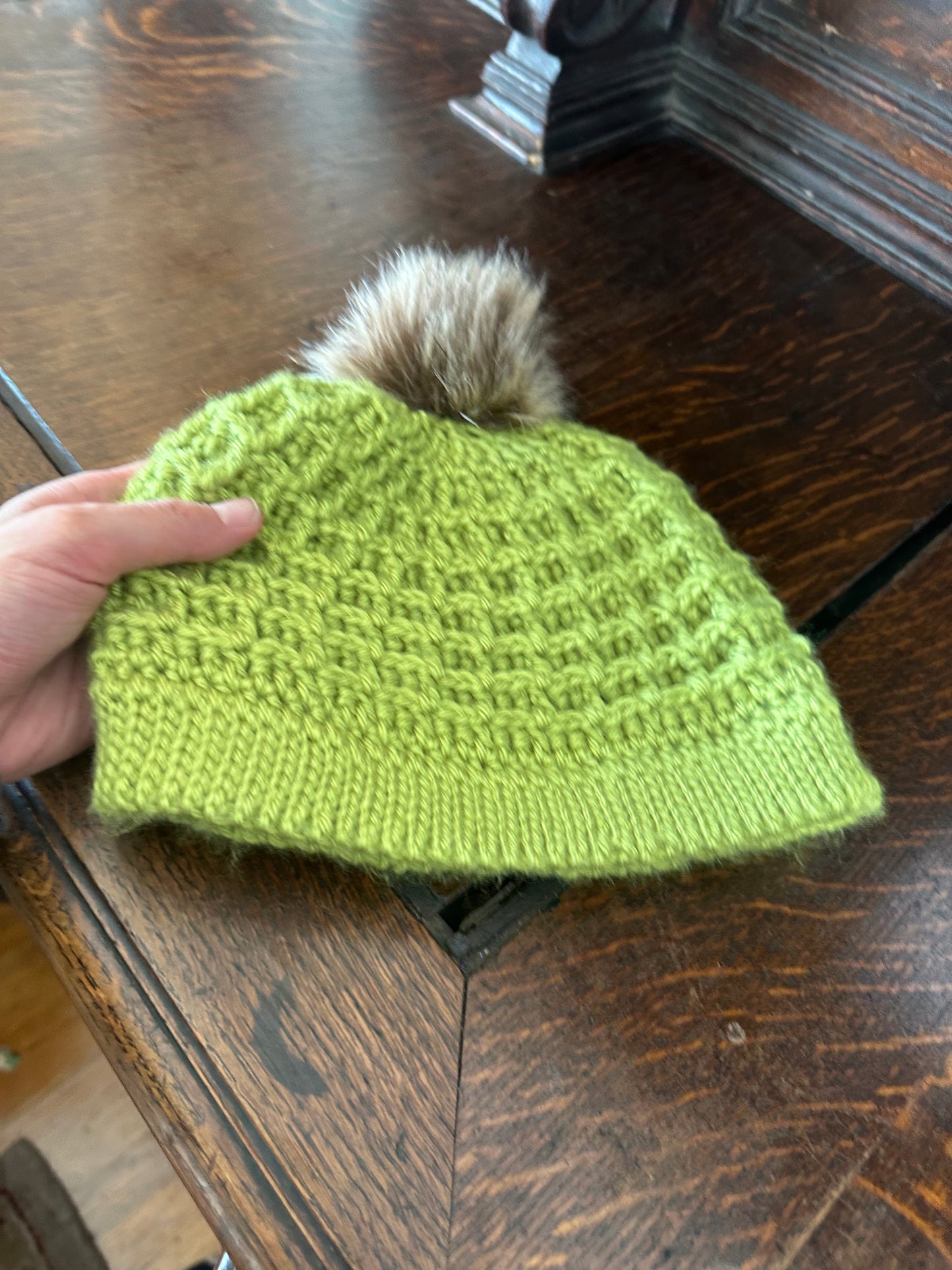 Green Cozy Hand Crocheted Waffle Stitch Beanie With Faux Fur Pom Pom, Handmade
