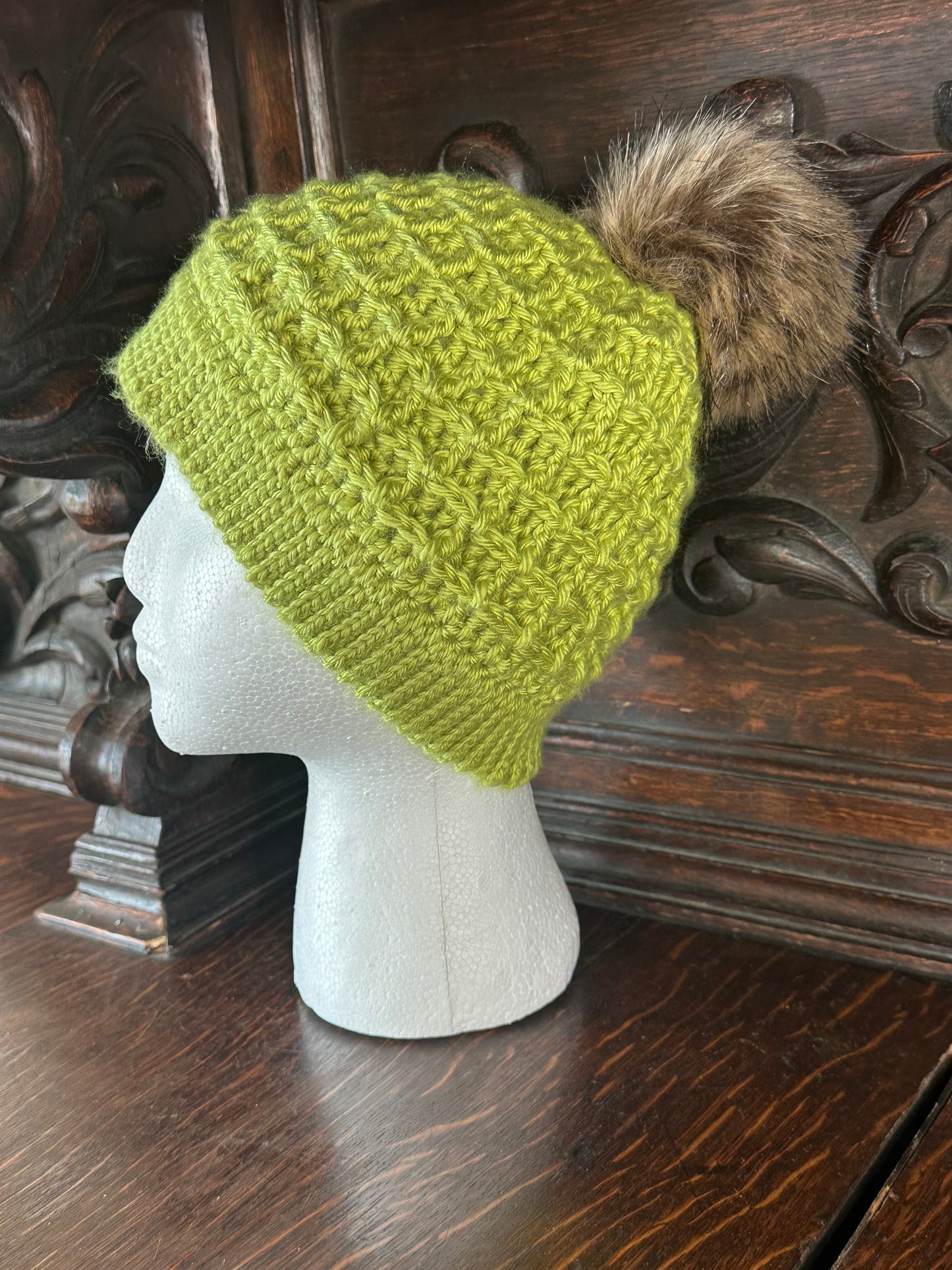 Green Cozy Hand Crocheted Waffle Stitch Beanie With Faux Fur Pom Pom, Handmade
