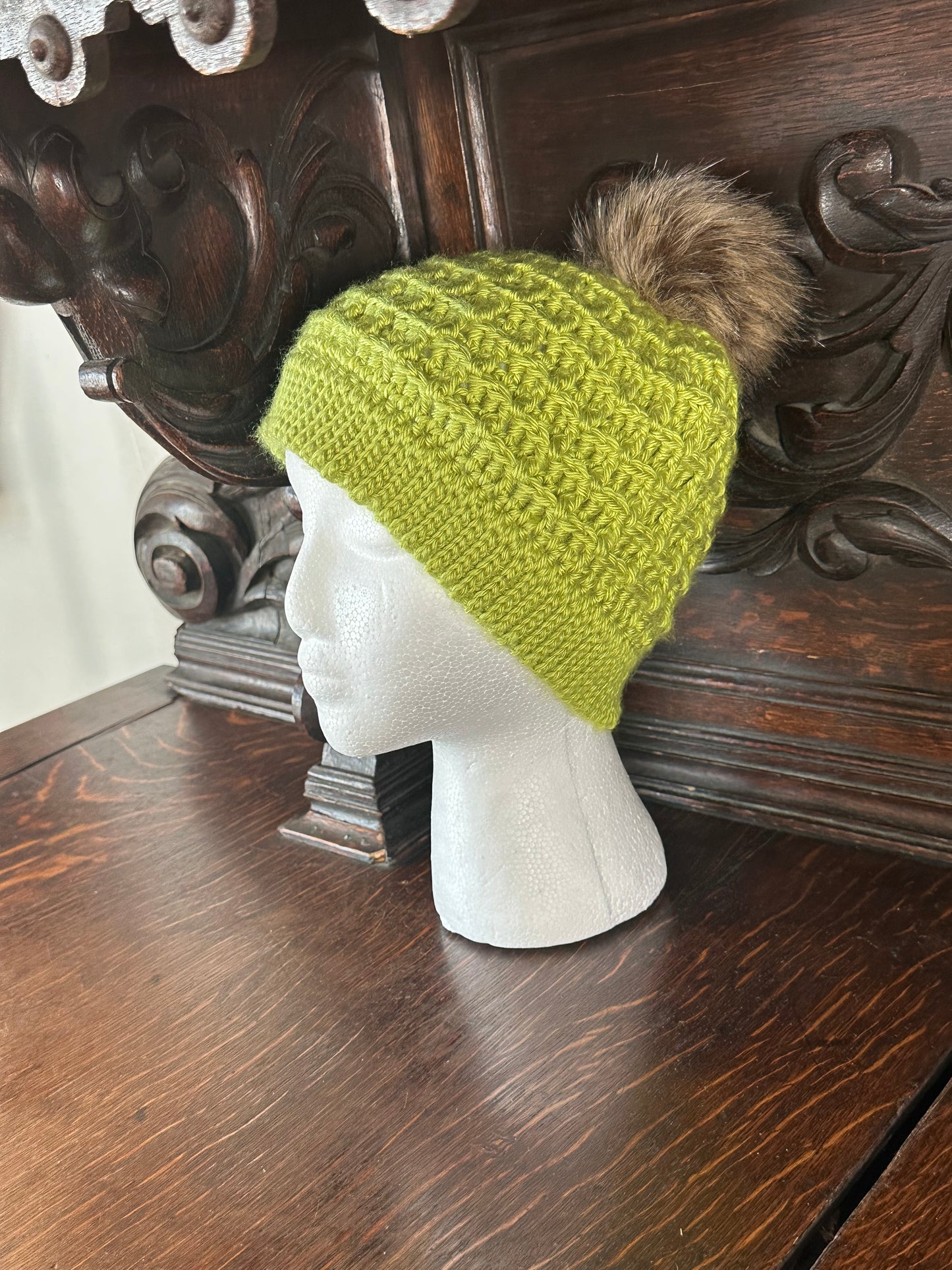 Green Cozy Hand Crocheted Waffle Stitch Beanie With Faux Fur Pom Pom, Handmade