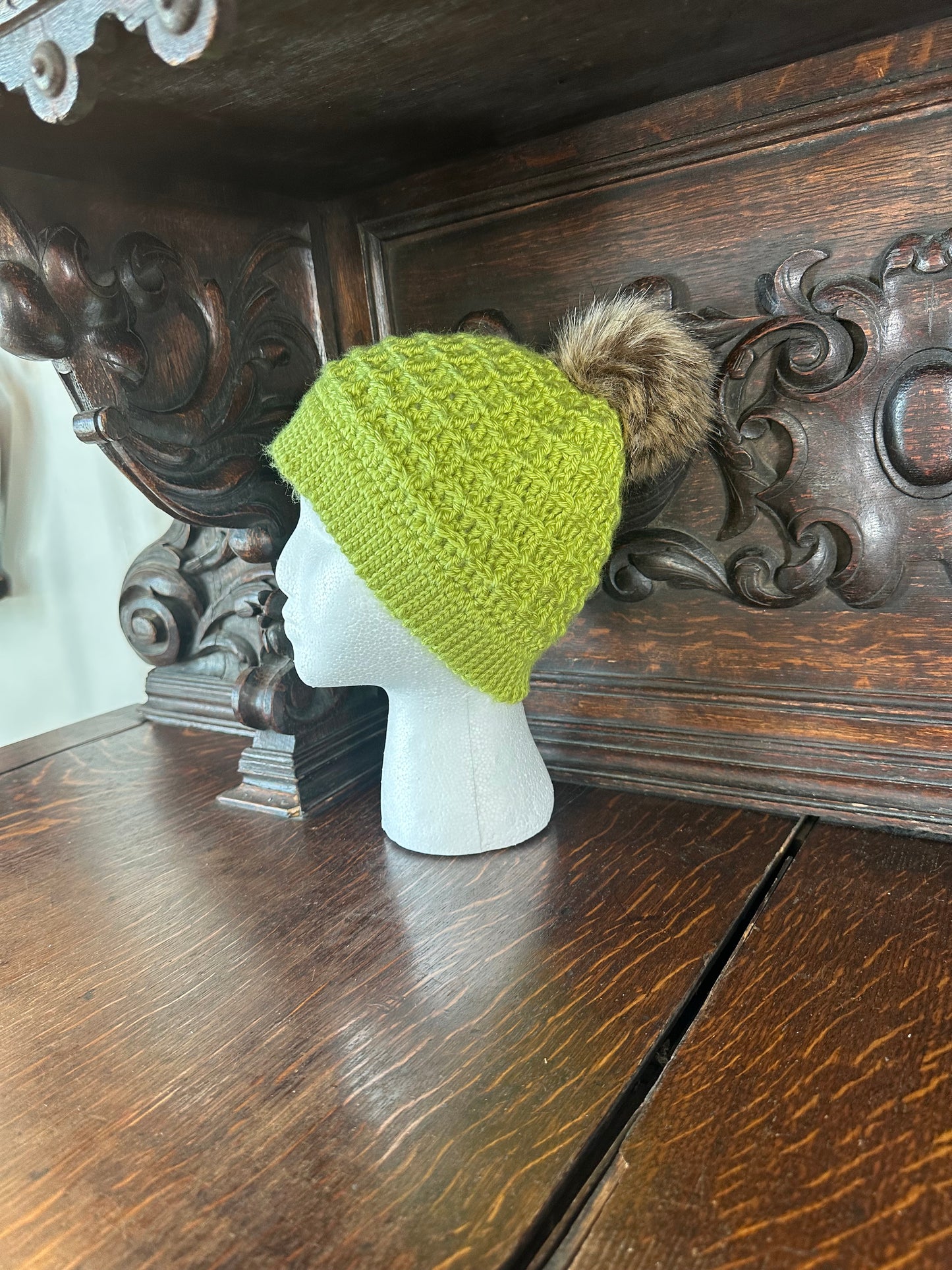 Green Cozy Hand Crocheted Waffle Stitch Beanie With Faux Fur Pom Pom, Handmade