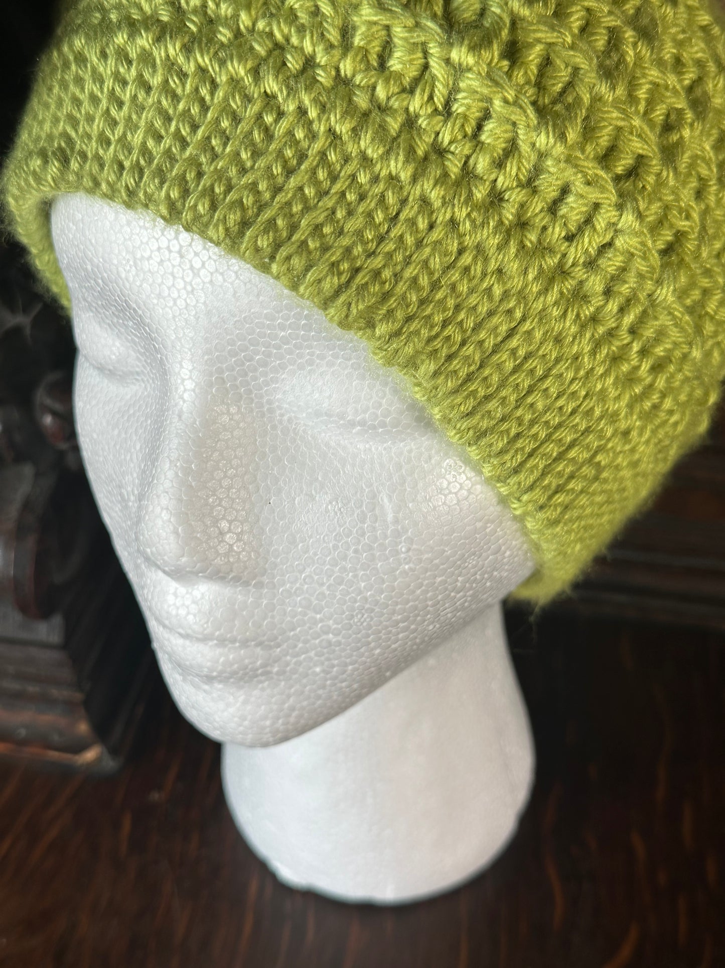 Green Cozy Hand Crocheted Waffle Stitch Beanie With Faux Fur Pom Pom, Handmade