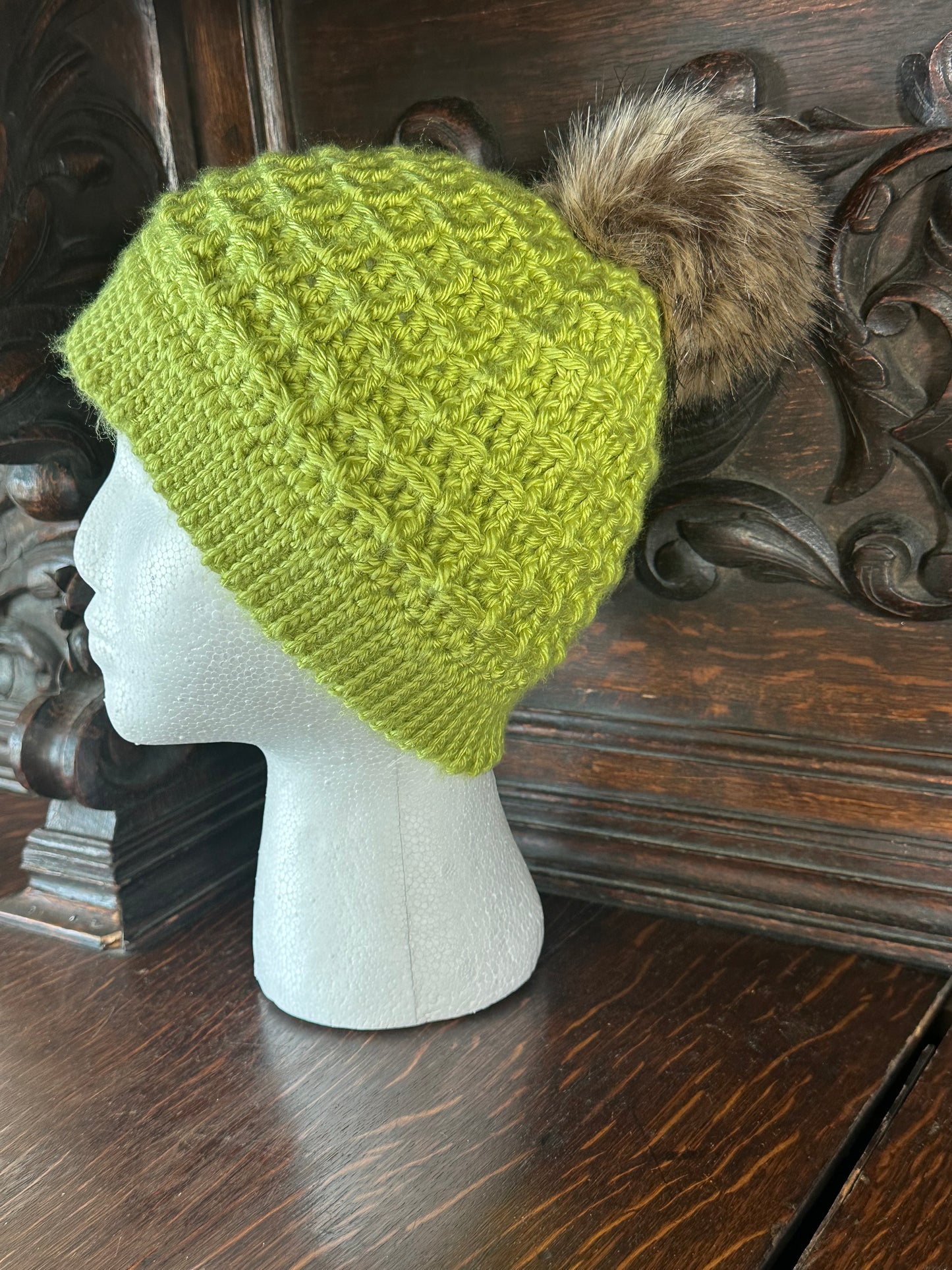 Green Cozy Hand Crocheted Waffle Stitch Beanie With Faux Fur Pom Pom, Handmade