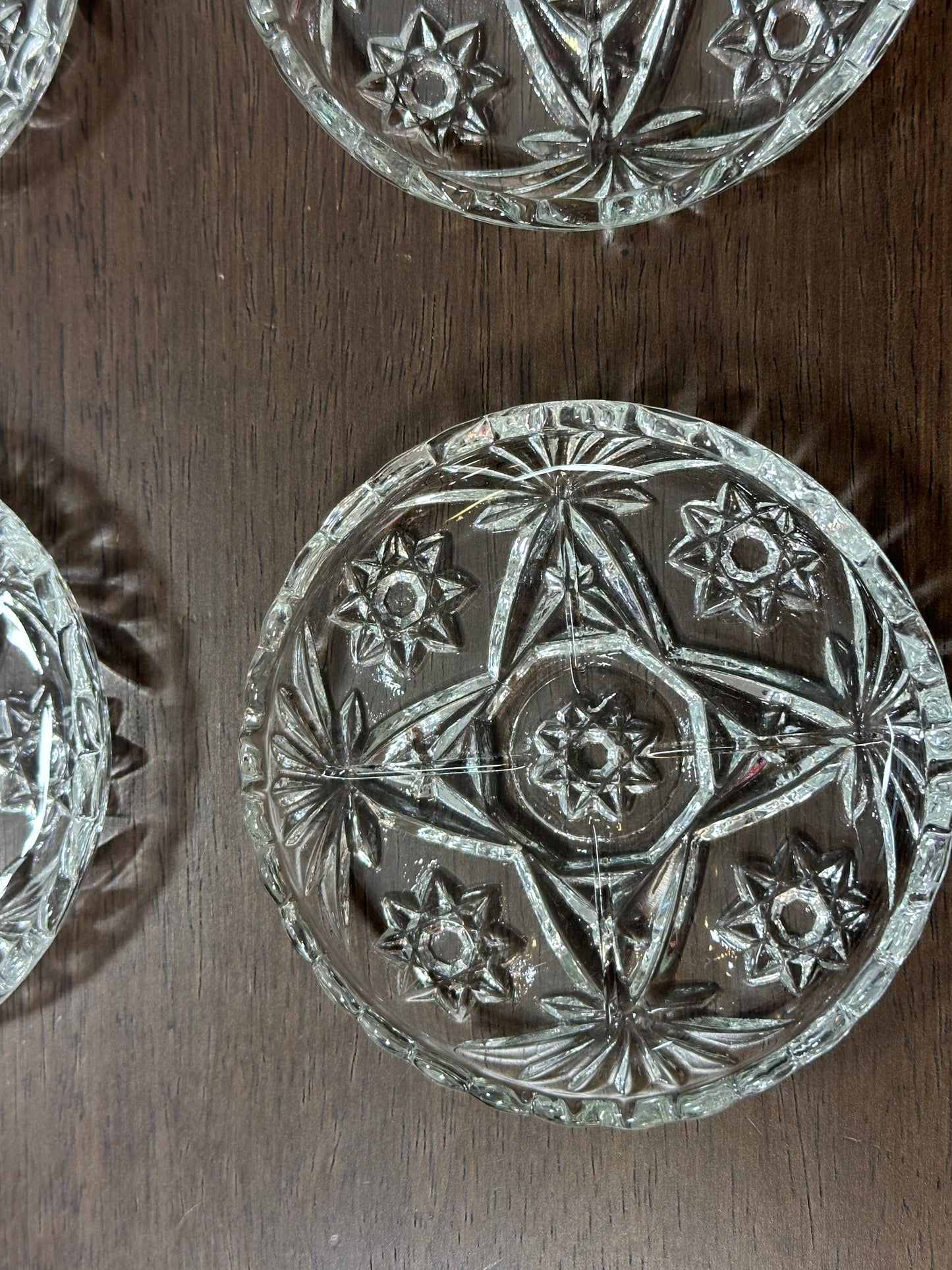 Vintage 60’s Anchor Hocking Prescut Clear Glass Star Pattern Coasters, Set of 6