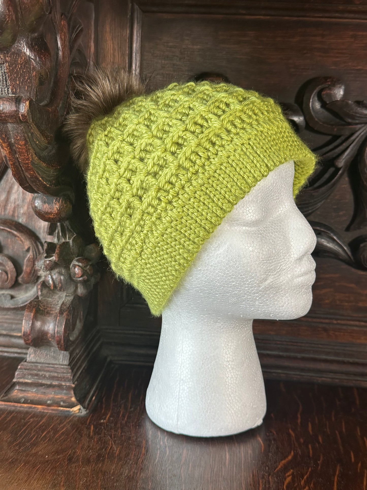 Green Cozy Hand Crocheted Waffle Stitch Beanie With Faux Fur Pom Pom, Handmade