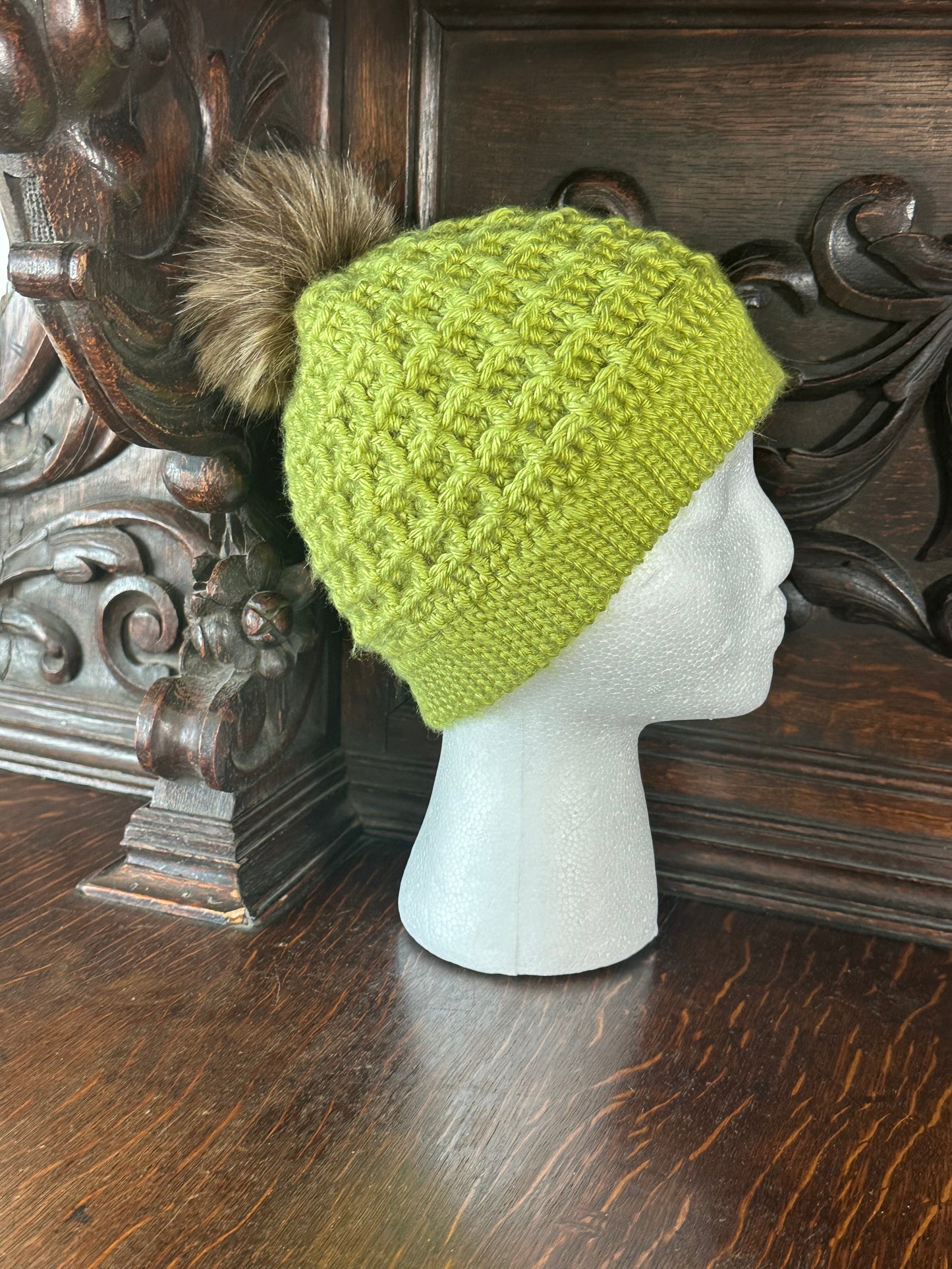 Green Cozy Hand Crocheted Waffle Stitch Beanie With Faux Fur Pom Pom, Handmade