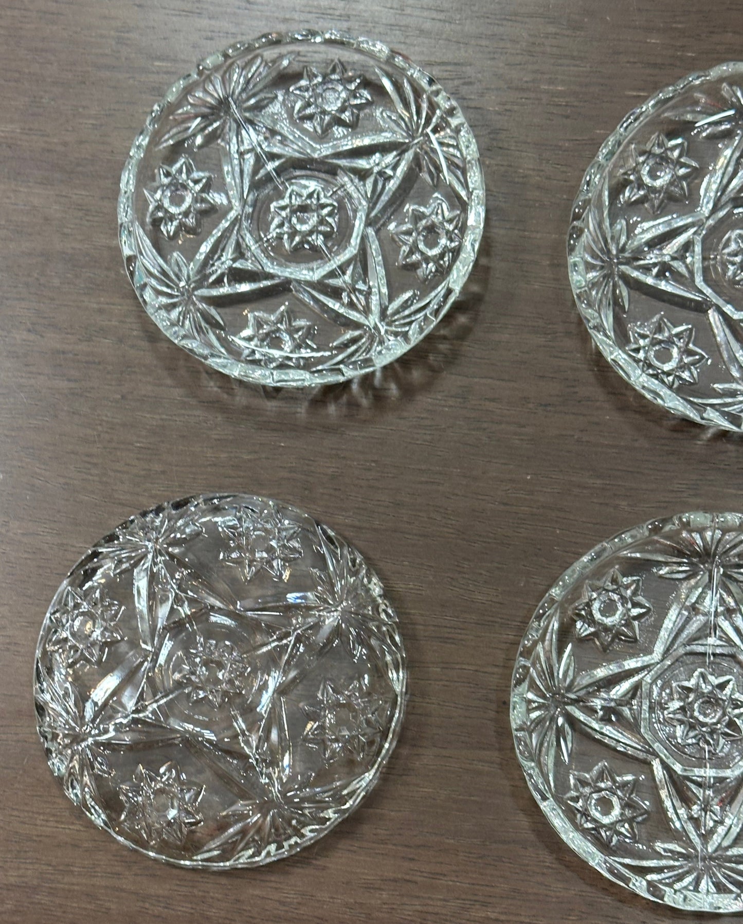 Vintage 60’s Anchor Hocking Prescut Clear Glass Star Pattern Coasters, Set of 6