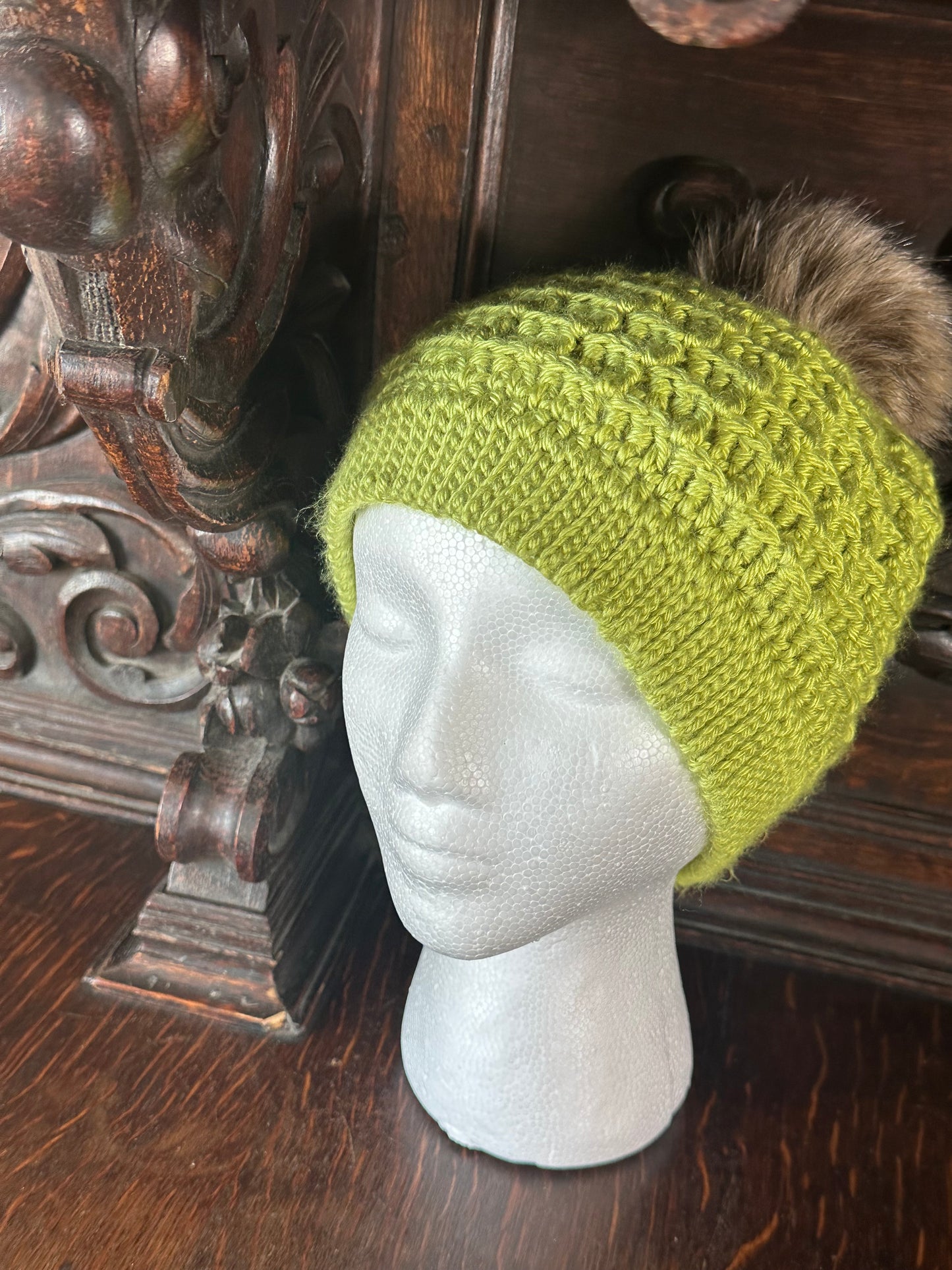 Green Cozy Hand Crocheted Waffle Stitch Beanie With Faux Fur Pom Pom, Handmade