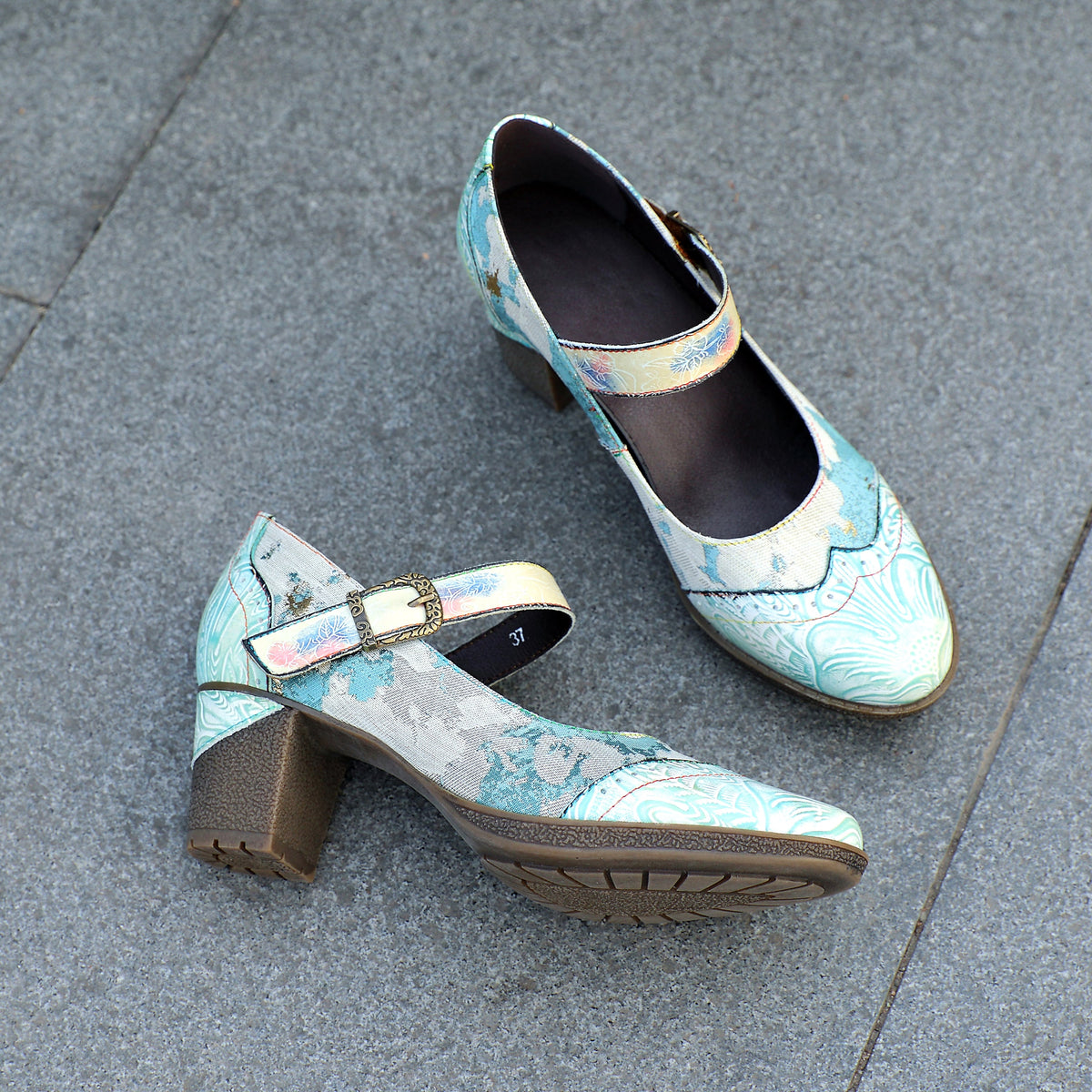 Women's Handmade Light Blue Mary Jane Heels