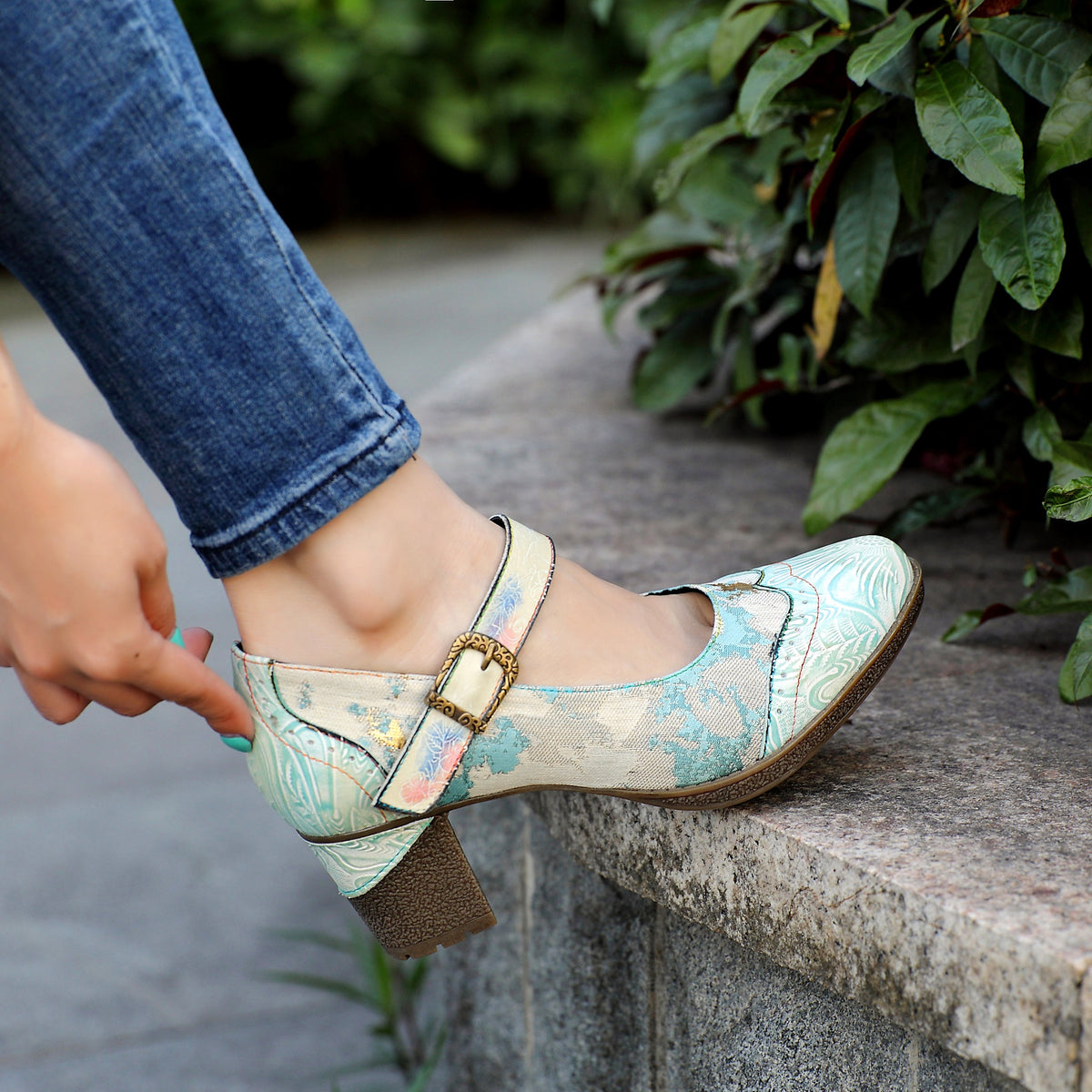 Women's Handmade Light Blue Mary Jane Heels