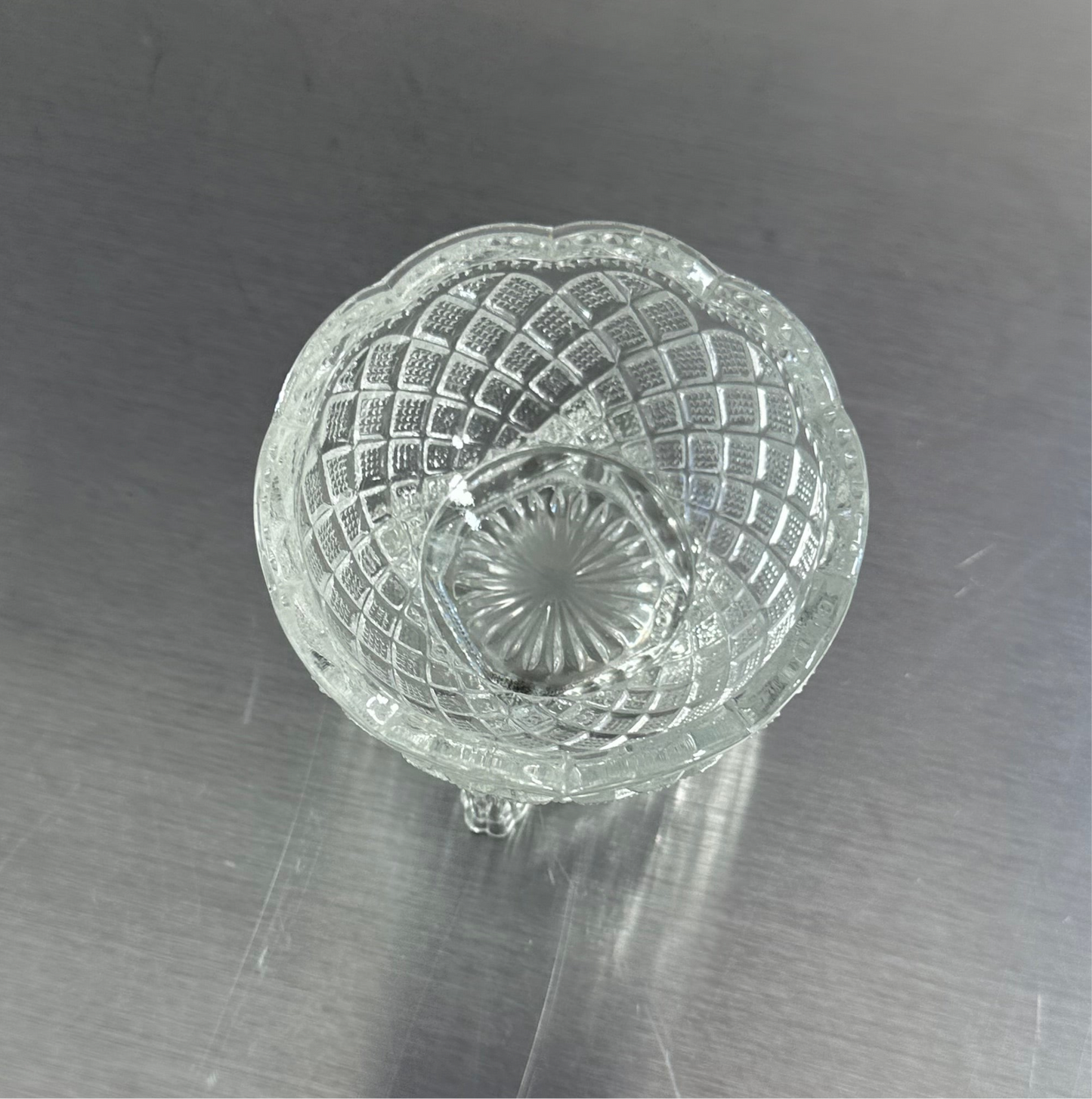 Avon By Fostoria Footed Glass Trinket Bowl Vintage ~ Diamond Lattice Scalloped