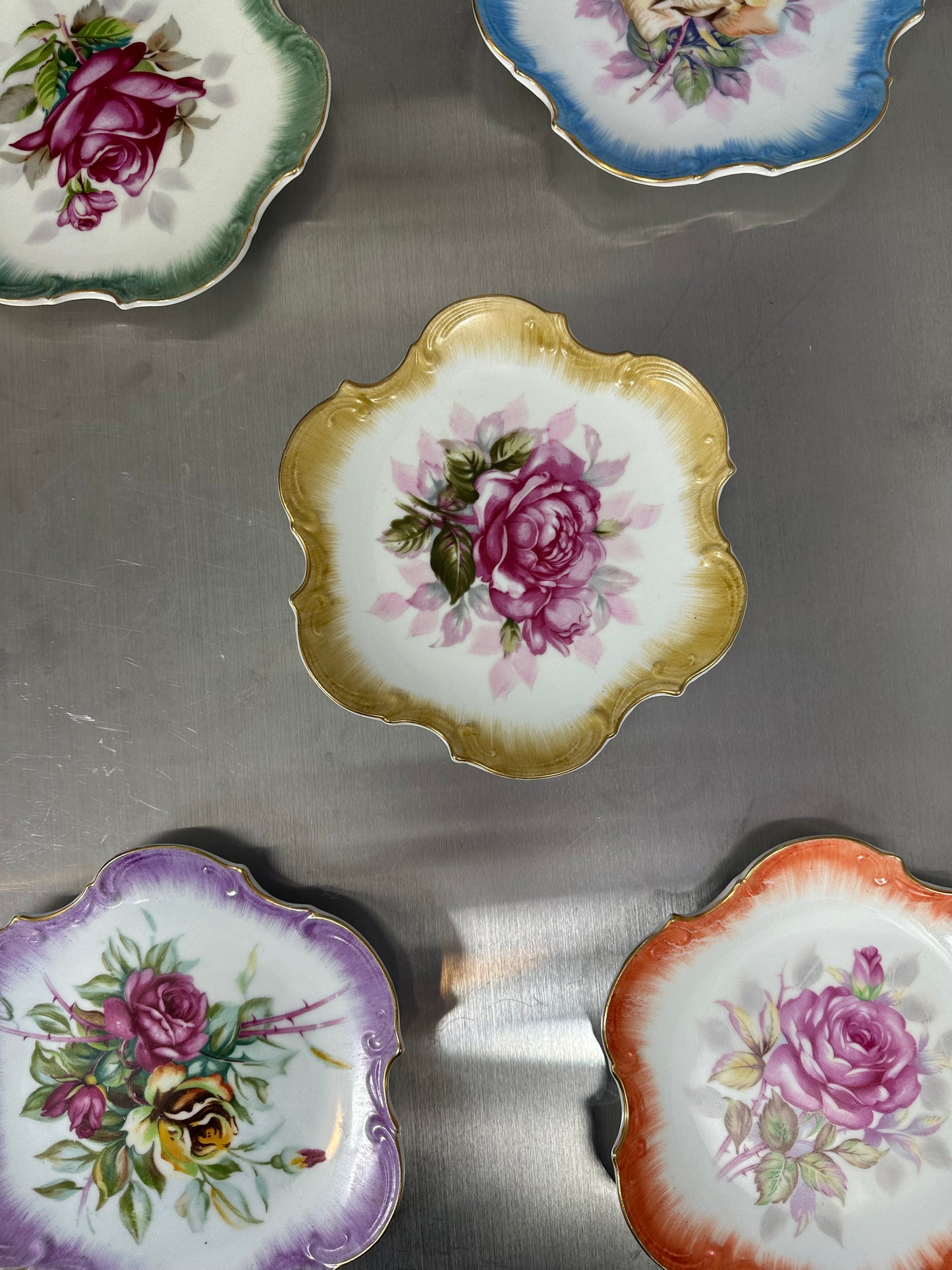 Set Of 5 Vtg Japan Norcrest Fine China Gilded Rose Scalloped Decorative Plate 8"