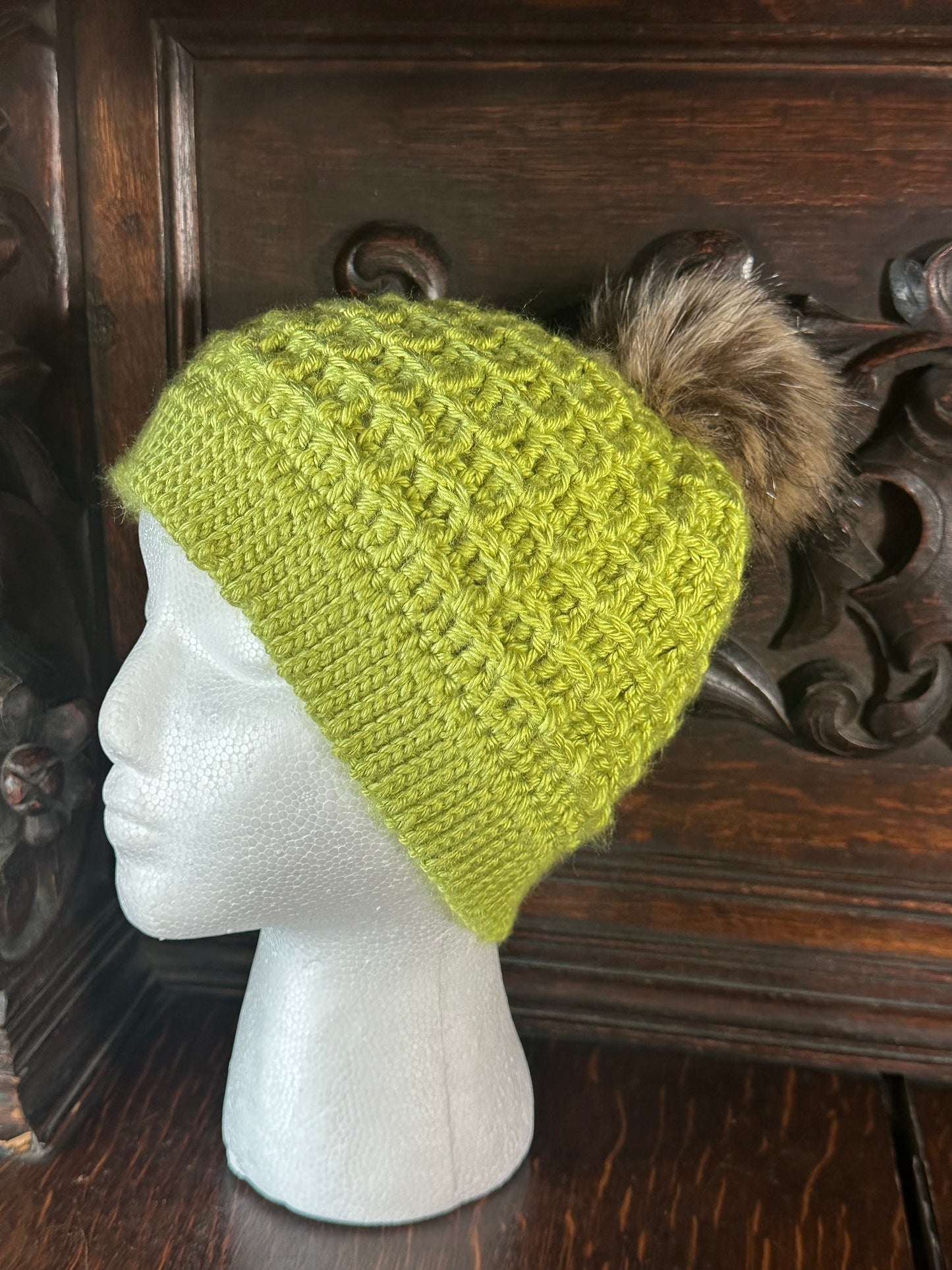 Green Cozy Hand Crocheted Waffle Stitch Beanie With Faux Fur Pom Pom, Handmade