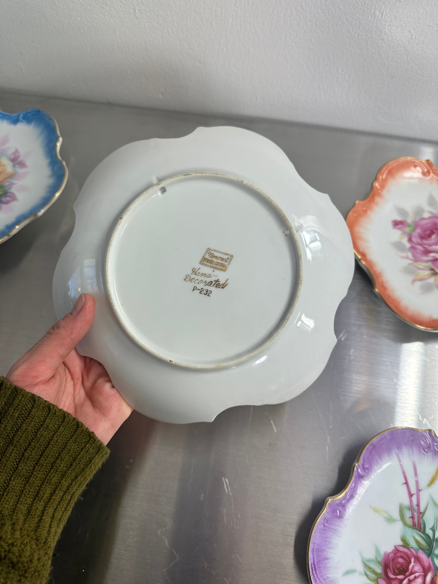 Set Of 5 Vtg Japan Norcrest Fine China Gilded Rose Scalloped Decorative Plate 8"