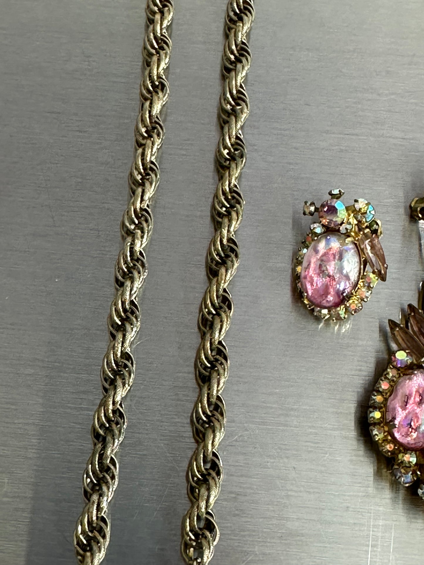1960’s Vintage Juliana D&E Opal Cabochon Navette Rhinestone Statement Pendant and Earings set