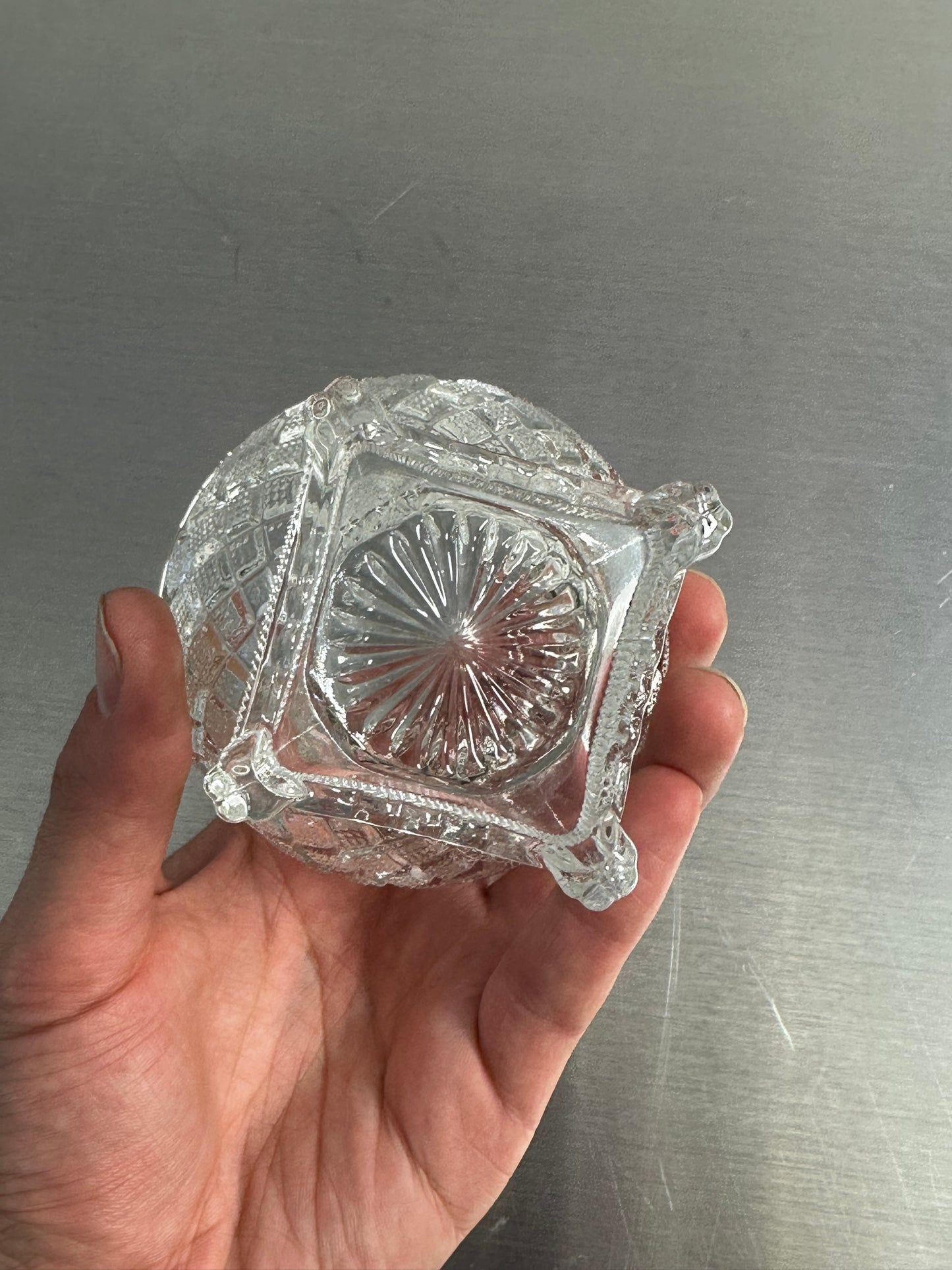 Avon By Fostoria Footed Glass Trinket Bowl Vintage ~ Diamond Lattice Scalloped