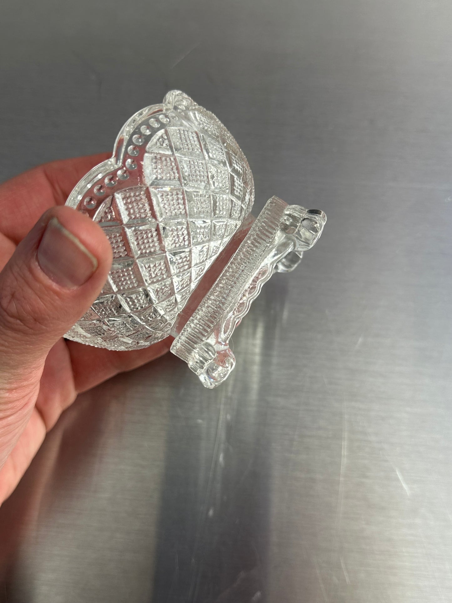 Avon By Fostoria Footed Glass Trinket Bowl Vintage ~ Diamond Lattice Scalloped