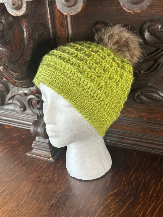 Green Cozy Hand Crocheted Waffle Stitch Beanie With Faux Fur Pom Pom, Handmade