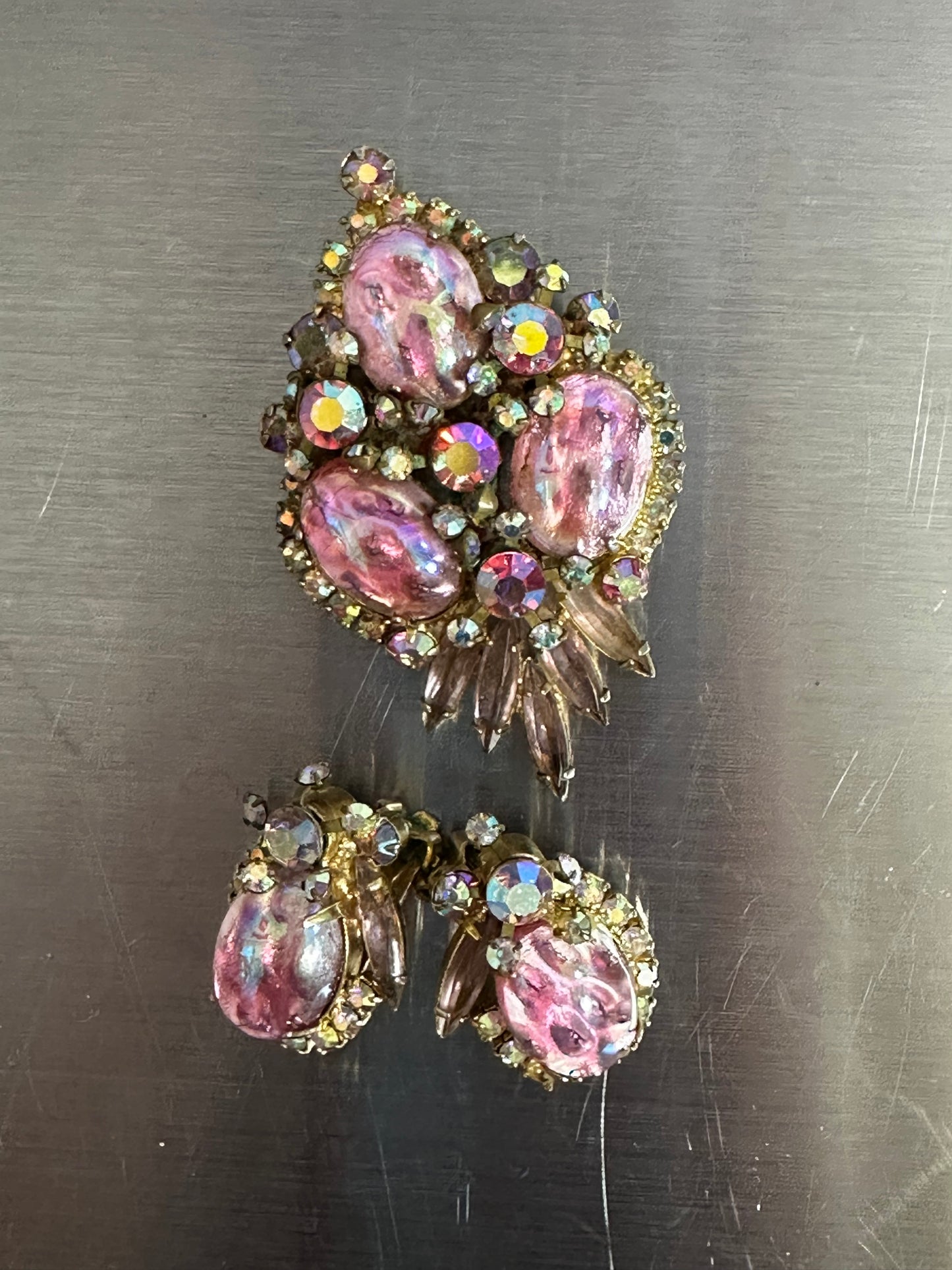 1960’s Vintage Juliana D&E Opal Cabochon Navette Rhinestone Statement Pendant and Earings set