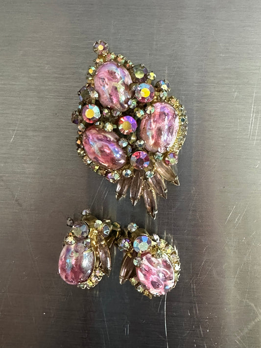 1960’s Vintage Juliana D&E Opal Cabochon Navette Rhinestone Statement Pendant and Earings set