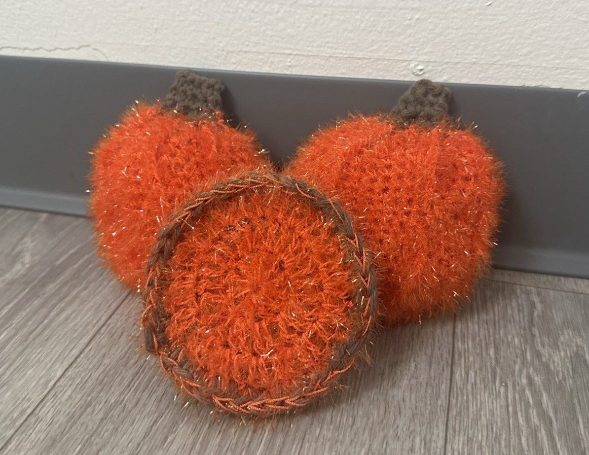Handmade Crocheted Pumpkin Scrubber Set | 2 Pumpkin & 1 Dual-Sided Round Scrubby
