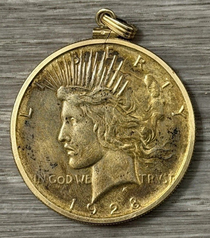 1928 PEACE SILVER DOLLAR Vintage US Coin Circulated Pendant Gold Tone Added