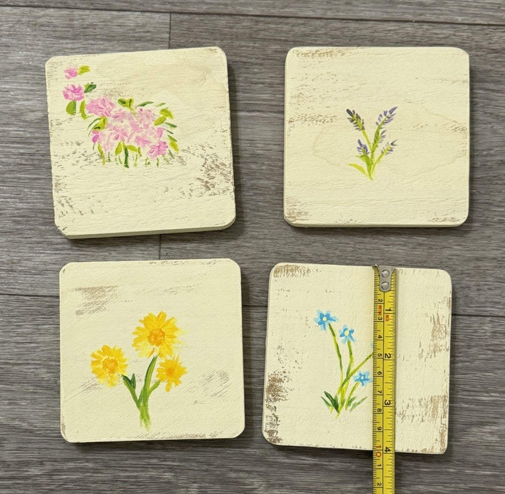 Handmade Spring Flowers Wooden Coasters Set of 4 Limited Edition Cottagecore