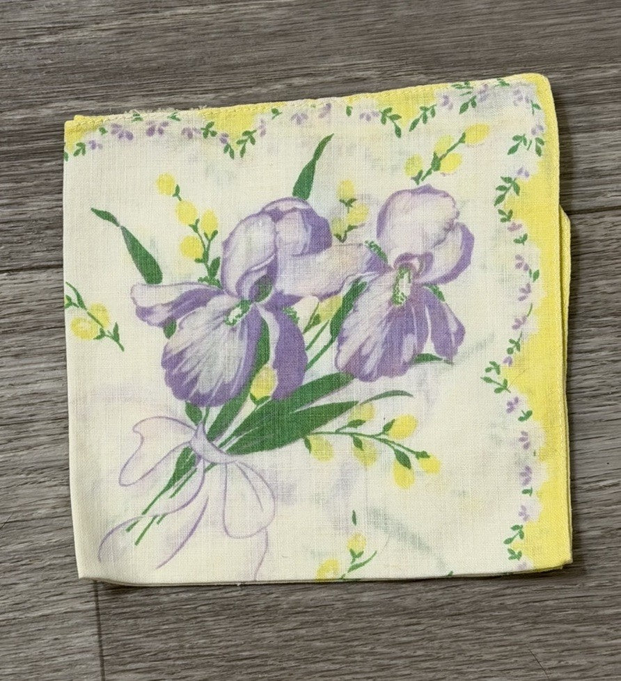 Vtg Ladies Square Handkerchief w/ Purple Iris Flowers & Ribbon Floral Print