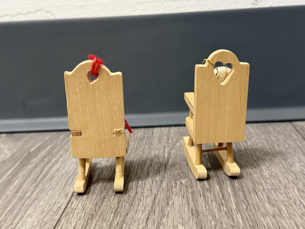 Vintage Set Of 2 Wooden Dolls Yarn Hair Girl Rocking Chair Ornaments One Broken