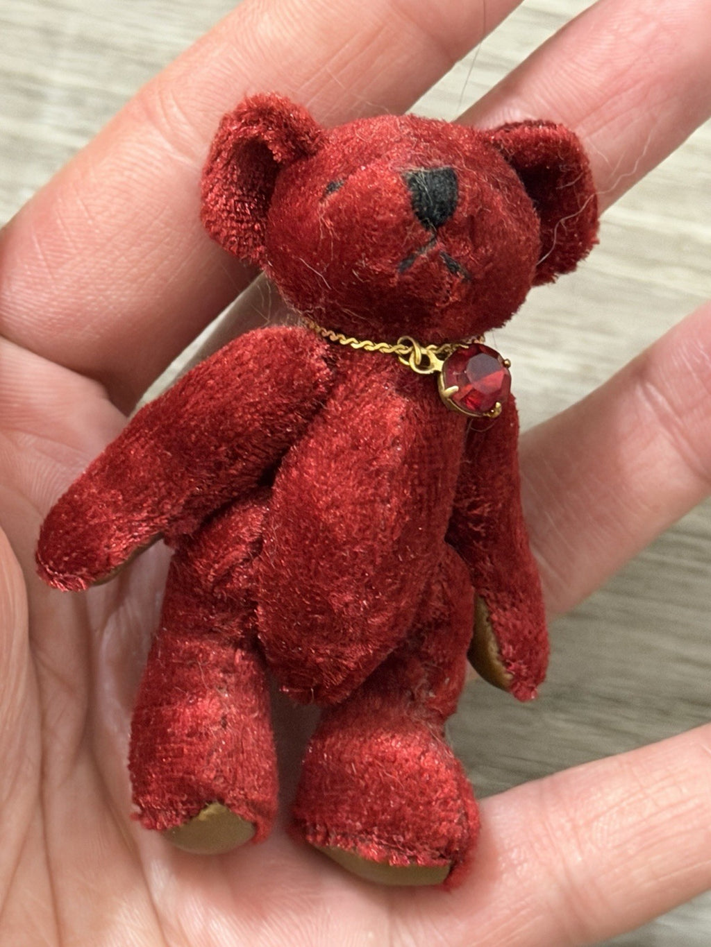 1982 Miniature Jointed Ruby Velvet Purple Teddy Bear Wearing A Necklace
