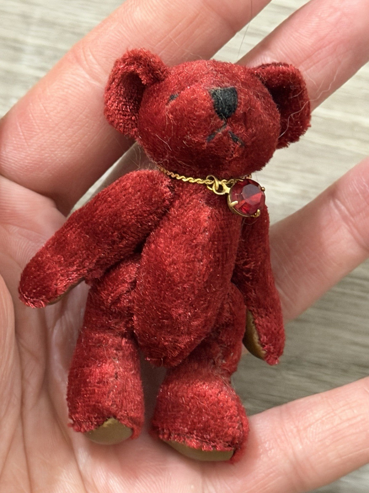 1982 Miniature Jointed Ruby Velvet Purple Teddy Bear Wearing A Necklace