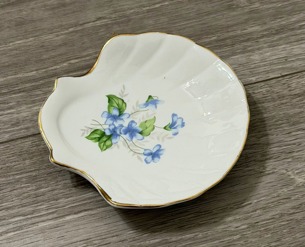 Vintage Apex Sea Clam Shell Gold Rim Blue Flowers Ceramic Trinket Dish