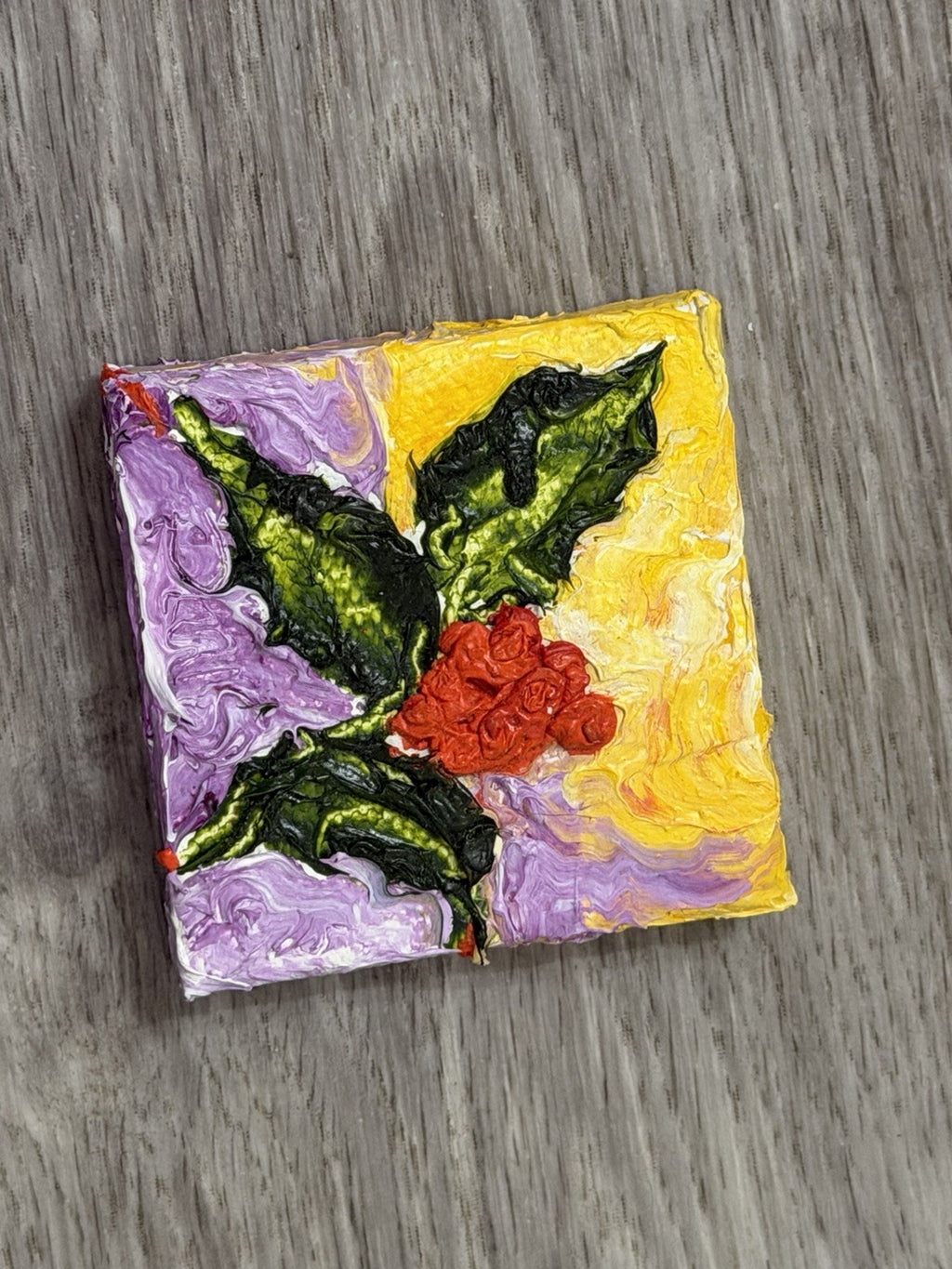 ‘Holly’ Christmas Mini Oil Painting  Magnet Original By Paris Wyatt Llanso 2x2”