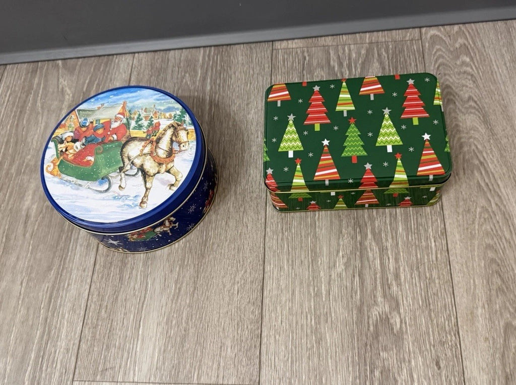 2 Christmas Tins Rnd & Rectangle 6” Diameter & 6.5”x 4.25” Used Great Condition