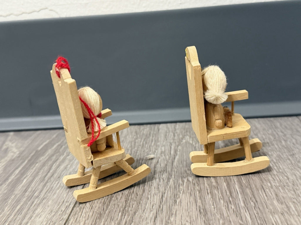Vintage Set Of 2 Wooden Dolls Yarn Hair Girl Rocking Chair Ornaments One Broken