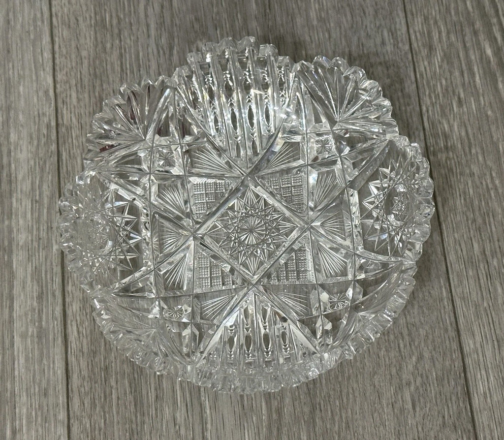 VNT Brilliant Cut Crystal Sawtooth Edge Low Bowl 6” -  Geometric Pattern