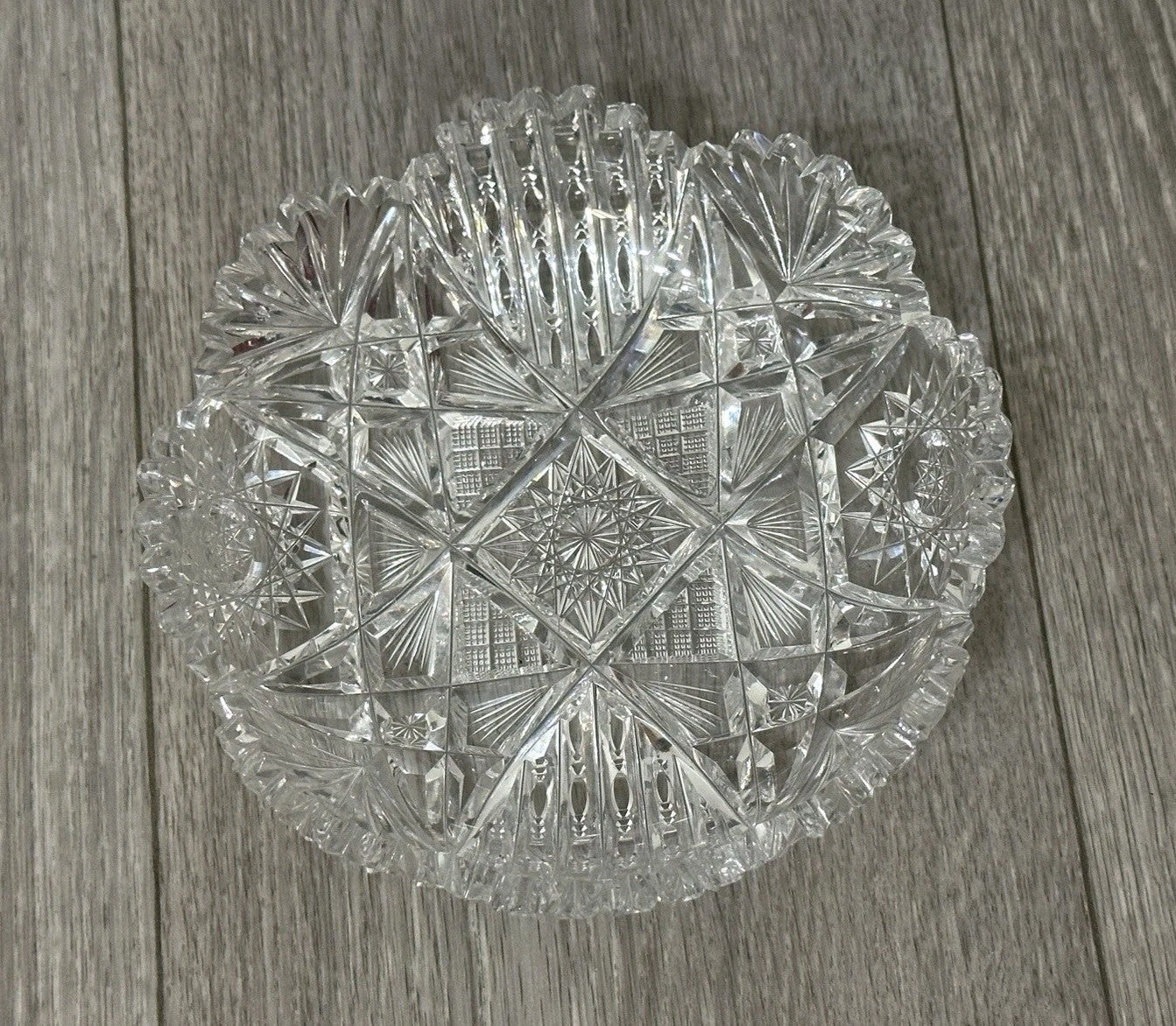 VNT Brilliant Cut Crystal Sawtooth Edge Low Bowl 6” -  Geometric Pattern