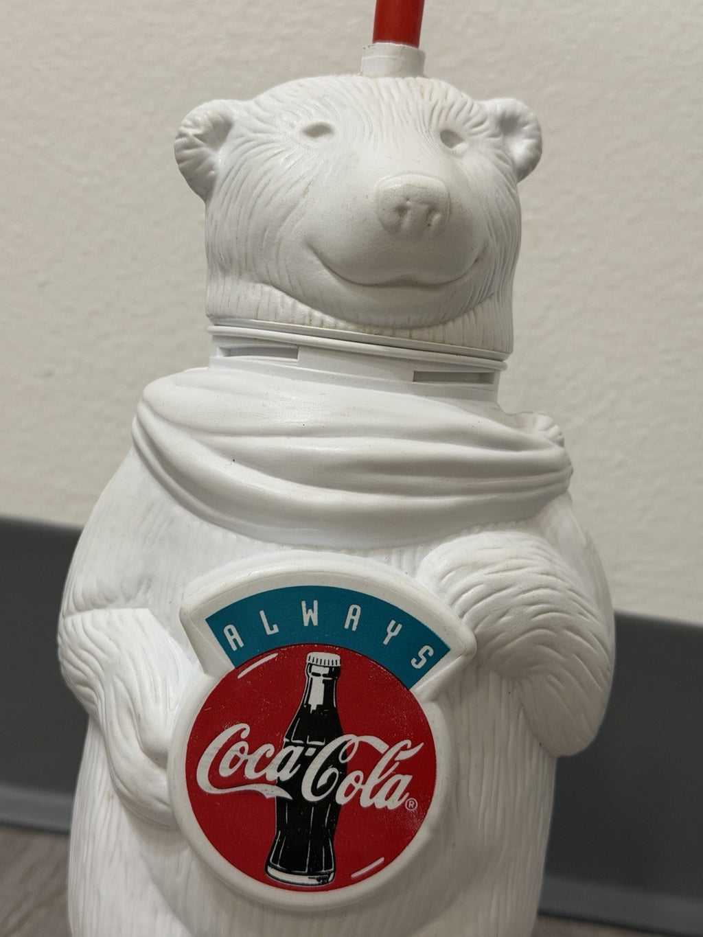 Vintage Coca Cola Polar Bear Water Bottle w/ Red Straw 