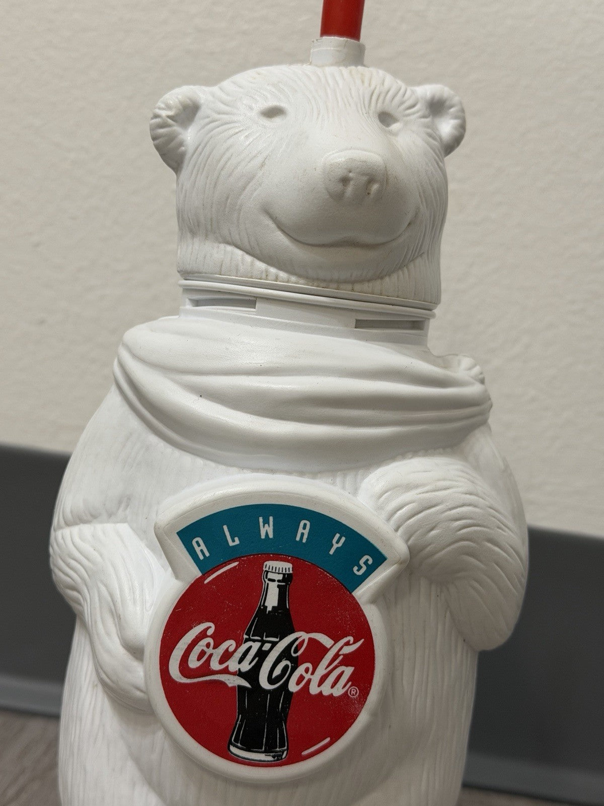 Vintage Coca Cola Polar Bear Water Bottle w/ Red Straw 