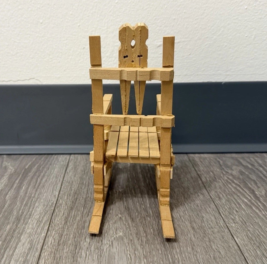 Vintage Folk Art Wooden Clothespin Handmade Doll Rocking Chair Rustic Farmhouse