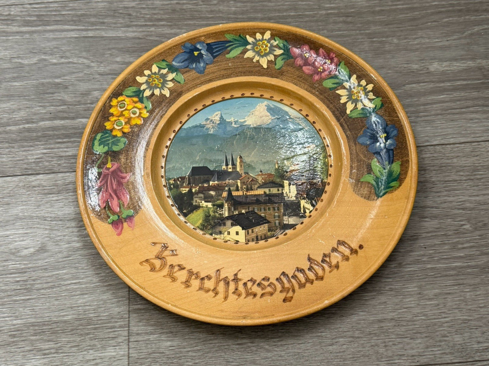 Vintage Hand Painted  Wooden Plate From Berchtesgaden Germany 9.75” Diameter