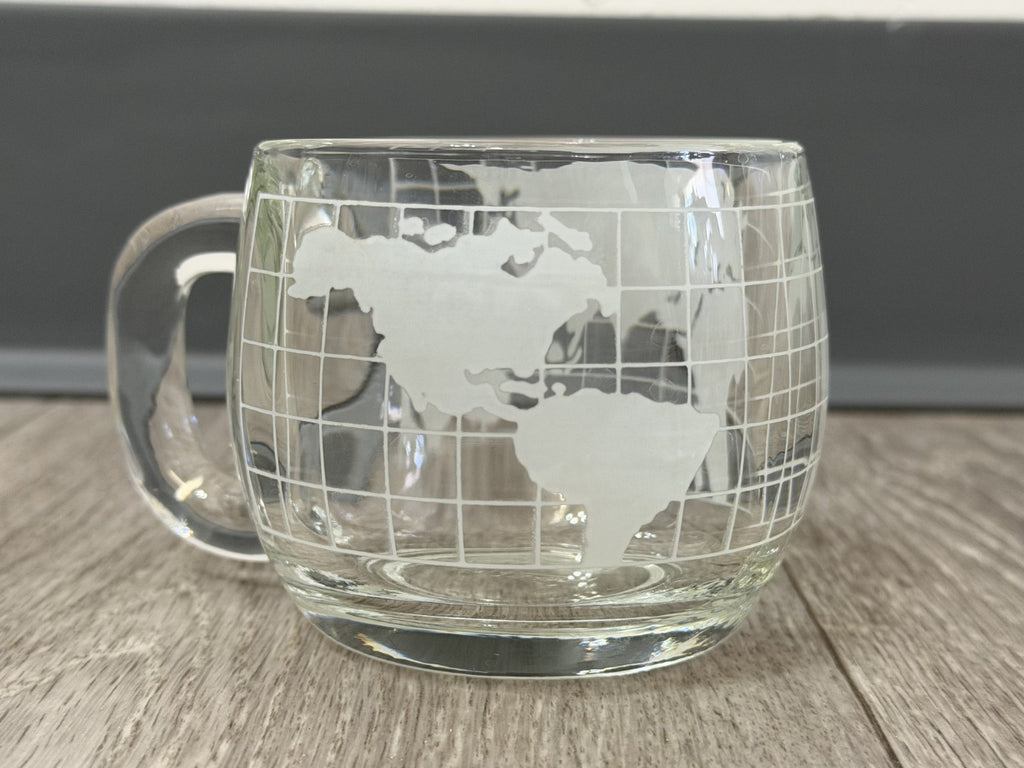 Vintage Nestle Co. Etched Clear Glass World Map Coffee Mug 3"