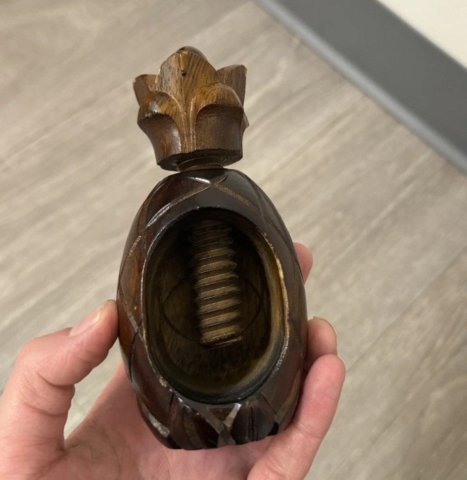 VINTAGE CARVED WOOD PINEAPPLE HAND HELD NUT CRACKER