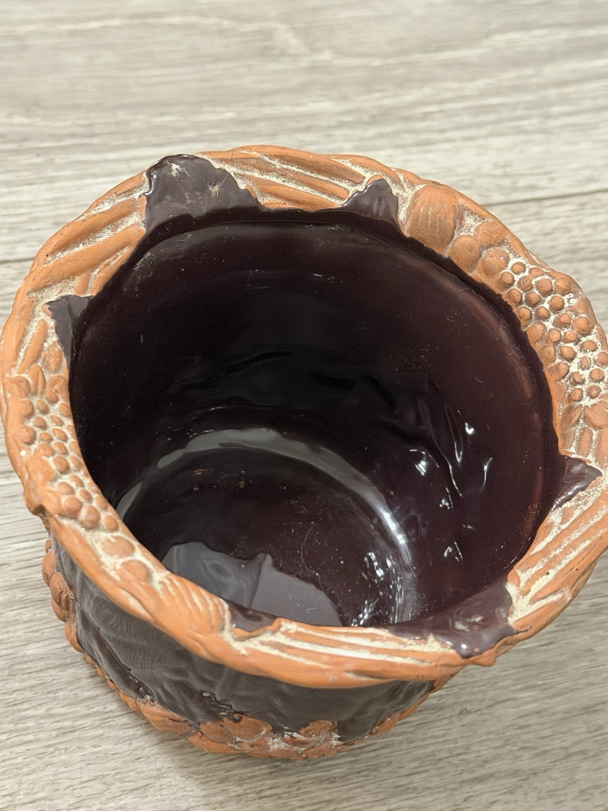 Claire Burke Art Pottery Red Clay Dish Bowl Hand Painted Fruit Grape Design 