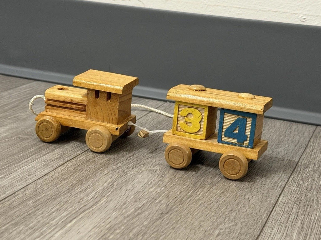 VINTAGE HAND MADE WOODEN TRAIN & CAR WITH BLOCKS STURDY Pull Toy