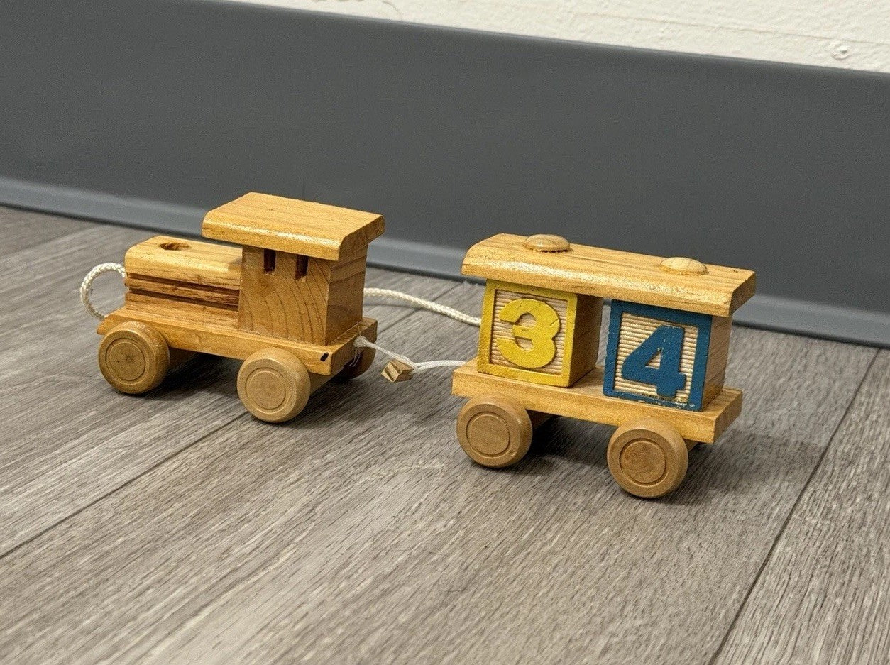 VINTAGE HAND MADE WOODEN TRAIN & CAR WITH BLOCKS STURDY Pull Toy