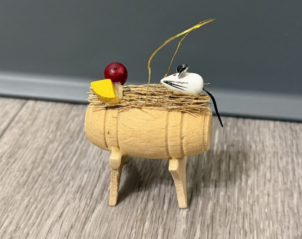 Vintage Wood Barrel Christmas Ornament With Mouse Cheese And Apple