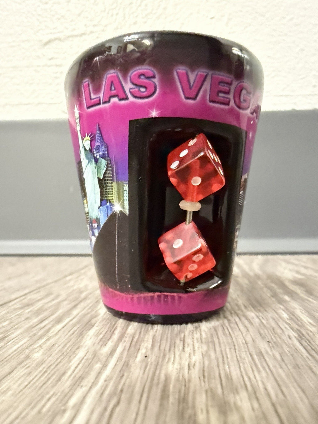 E - Shot Glass - 2.5" Black Las Vegas with inserted Dice