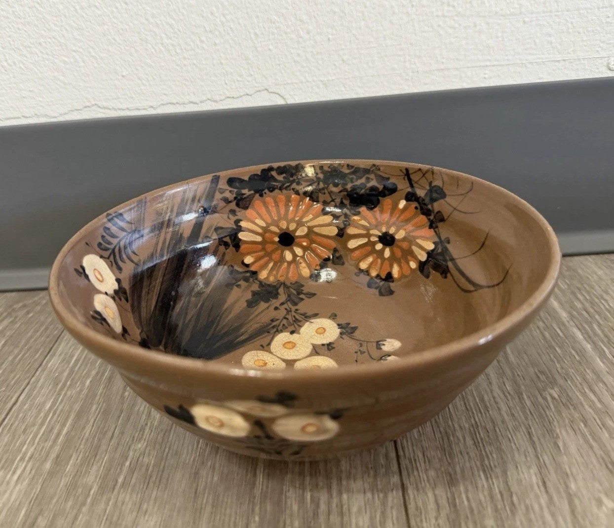 Vintage Japanese Retro Floral Bowl Ceramic Serving Bowl Brown READ