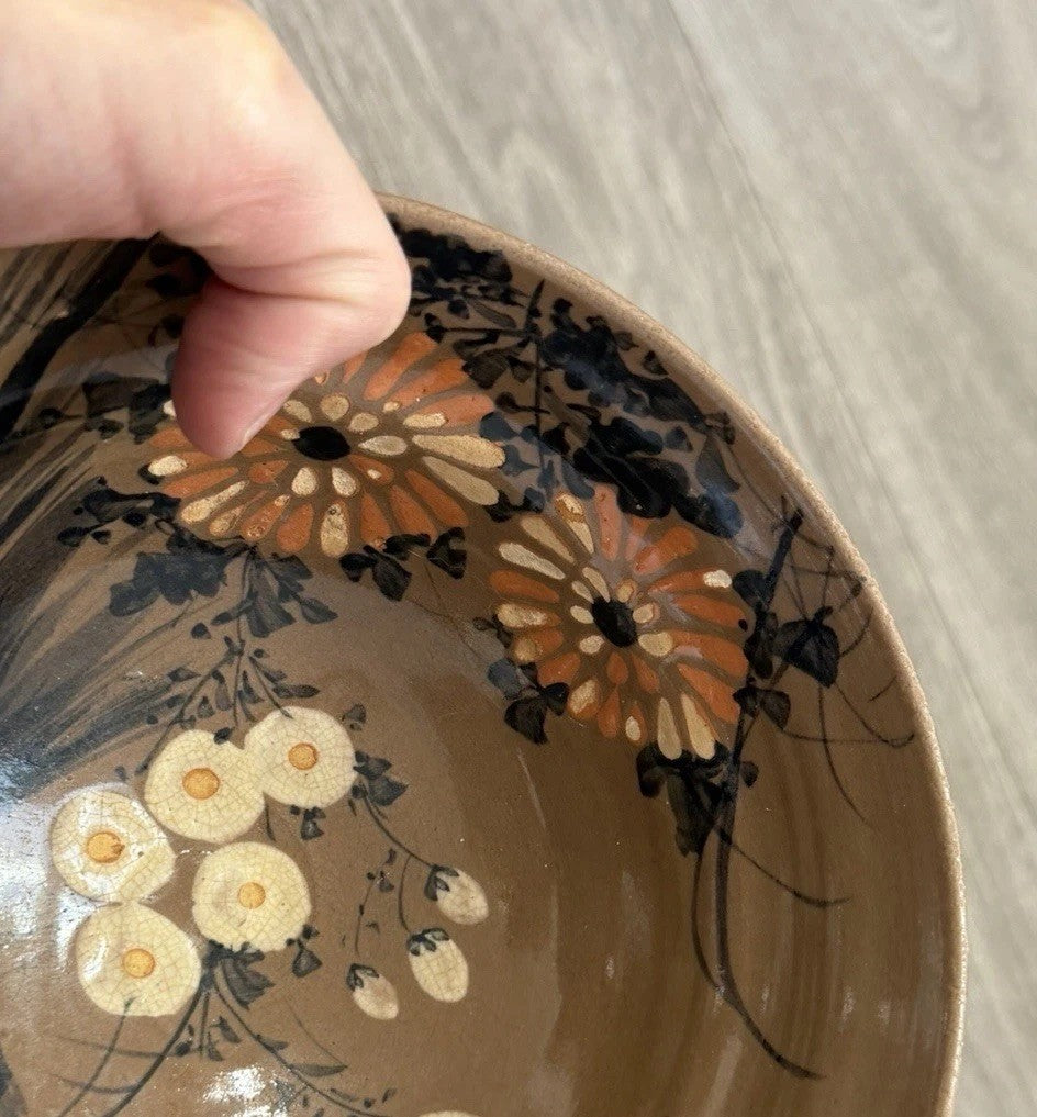 Vintage Japanese Retro Floral Bowl Ceramic Serving Bowl Brown READ