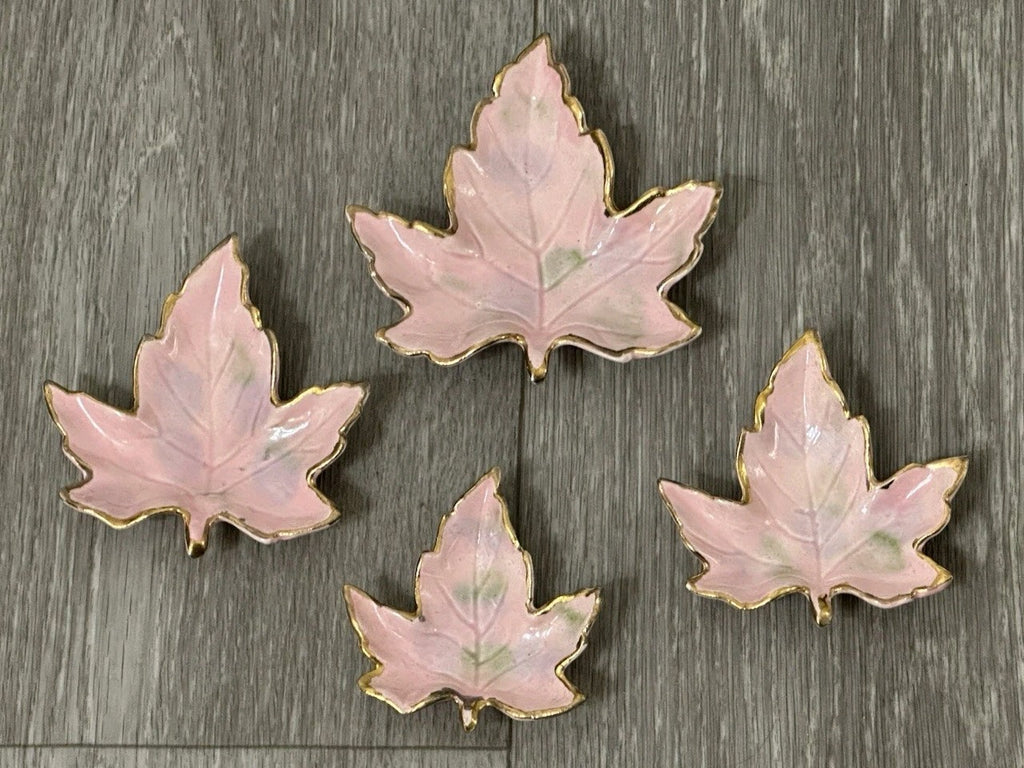 Vintage Ceramic set of 4 Nesting Maple Leaf Dishes 4 inches Pink And Gold